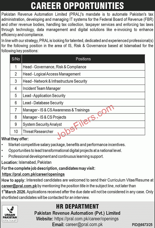 Pakistan Revenue Automation Pvt Ltd Islamabad Jobs 2026