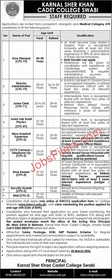 Karnal Sher Khan Cadet College Swabi Jobs 2026