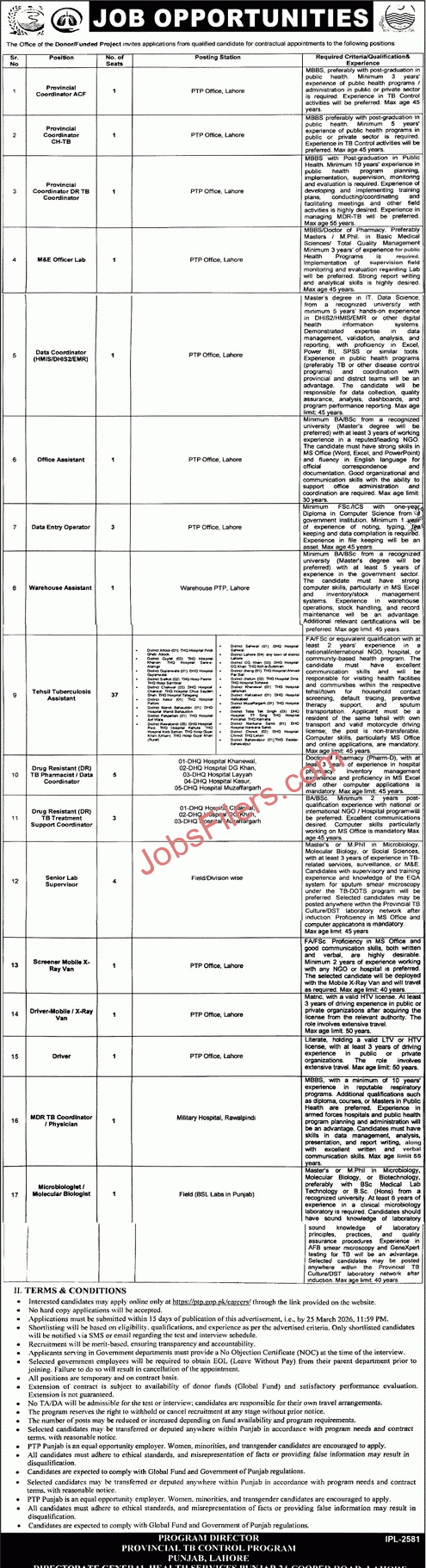 Provincial TB Control Program Punjab Jobs 2026 